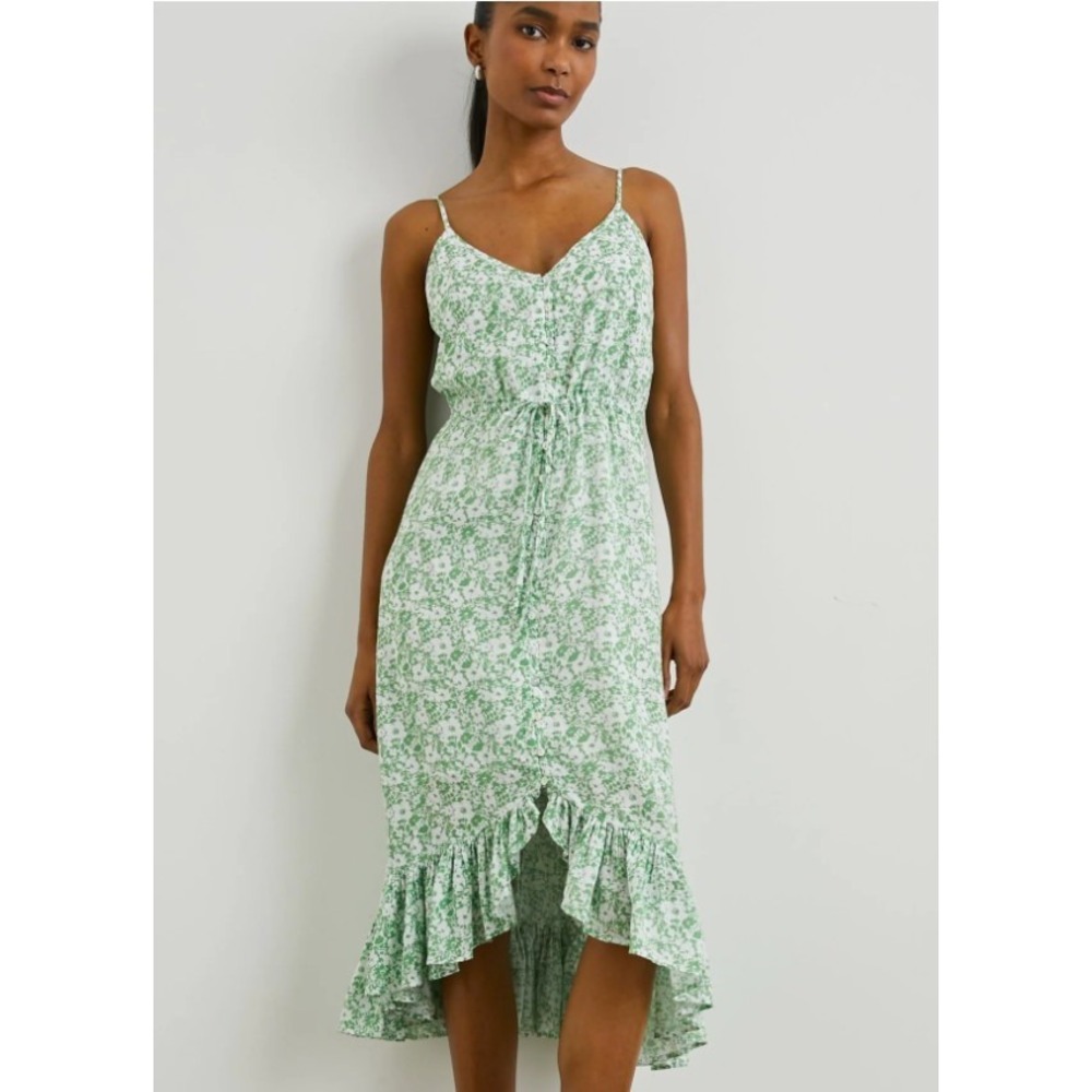 Rails Frida Juniper Midi Slip Dress Linen Ruffle Green Floral Romantic Medium